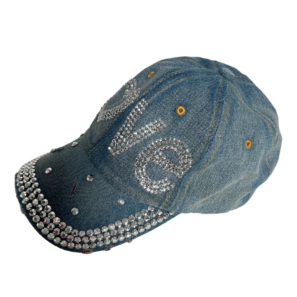 “LOVE” Denim Baseball Cap With Rhinestone Embellishments Adjustable Strap - Picture 3 of 7